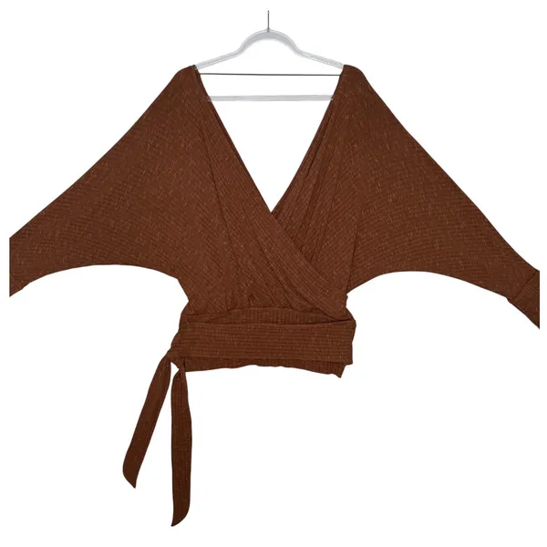 Free People East Coast Wrap Top Moroccan Spice Ribbed Knit Tie Waist NWT L - Image 5