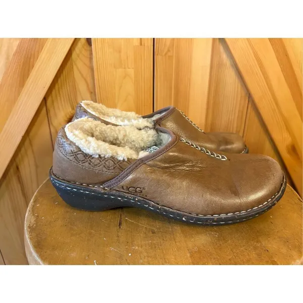 Ugg Womens Brown Leather Sheepskin Slip On Fur Trim Size 7 - Image 3