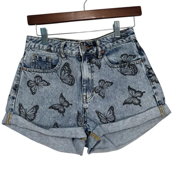 PacSun Womens Butterfly Print Denim Mom Shorts‎ Light Wash Blue Size 27 - Image 9