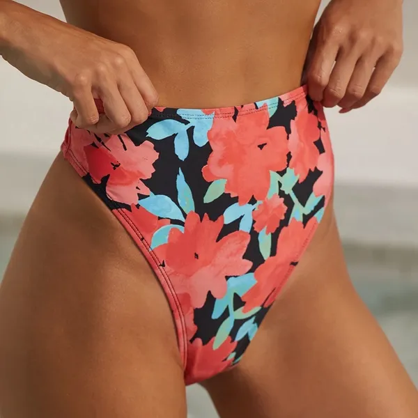 Lulus Floral Print High‎ Waisted Bikini Bottoms Red Black Blue Size M - Image 5