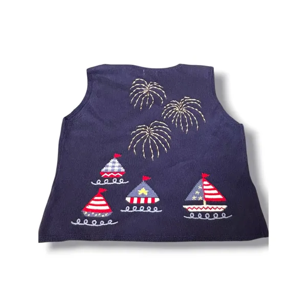 Vintage Patriotic Americana‎ Sweater Vest Fireworks Sailboats USA Flag Nautical - Image 2
