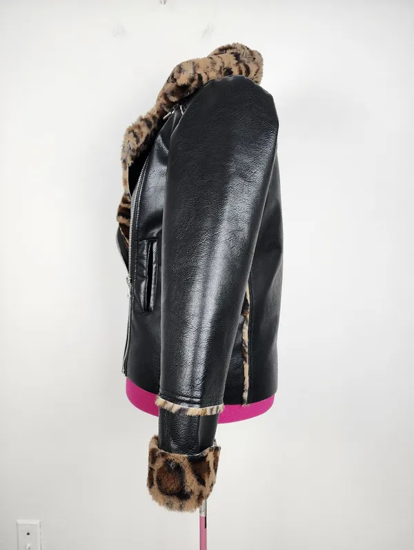Black Faux Leather Moto Jacket with Leopard Faux Fur Accent - Image 13