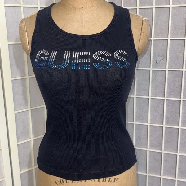 Vintage Y2K Guess Embellished Rhinestone Logo‎ Ribbed Tank Top Pink Size M - Image 13