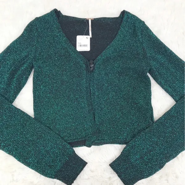 FREE PEOPLE Emmaline Metallic Green Cardigan Long‎ Sleeve Goth Dark Romantic XS - Image 6