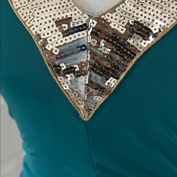 Stunning Teal Blue Y2K Halter Top with Gold Sequins - Image 2