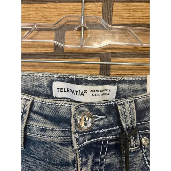 Telepatia‎ Mid Rise Wide Leg Skull Blingy Pocket Jeans SIze 5/27 - Image 7