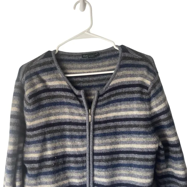 Eagle's Eye Vintage‎ 90s Large 100% Wool Blue Striped Grunge Full Zip Sweater - Image 2