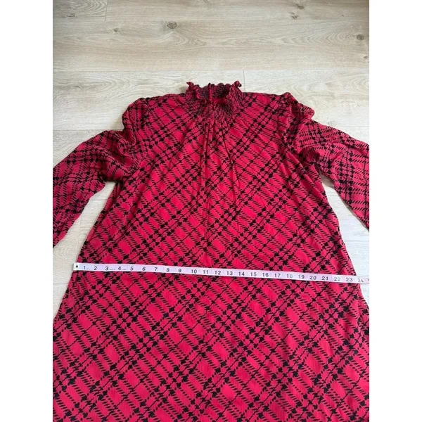 EUC Tommy Hilfiger Womens Red Flocked Plaid Flowy Dress velvet detail Size 14 - Image 9