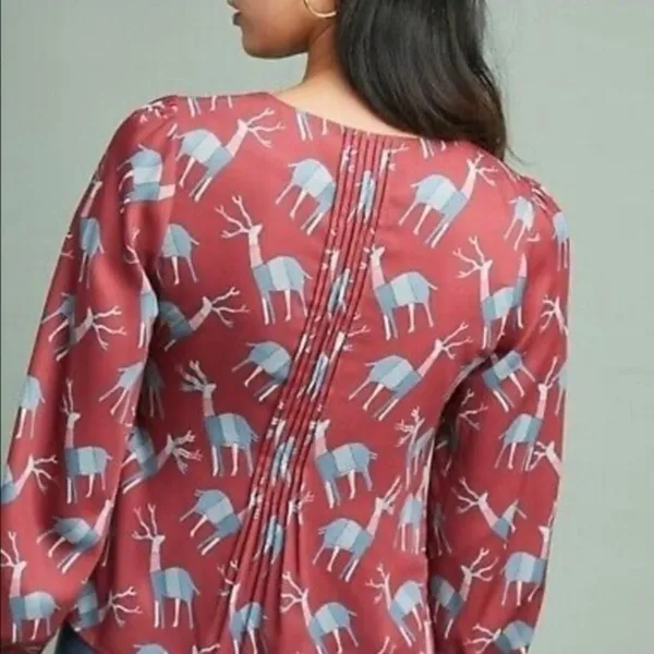 Anthropologie GEISHA DESIGNS Reindeer Deer Print Pleated‎ Top Blouse Medium - Image 6