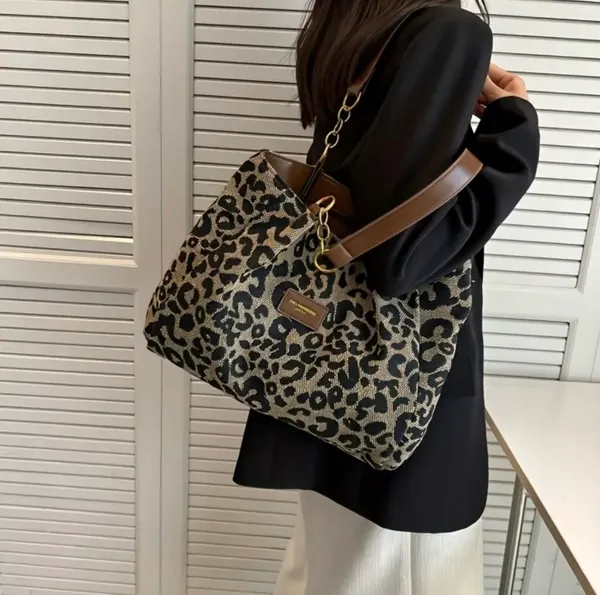 Leopard Print Tote Bag with Brown Accents - Image 2