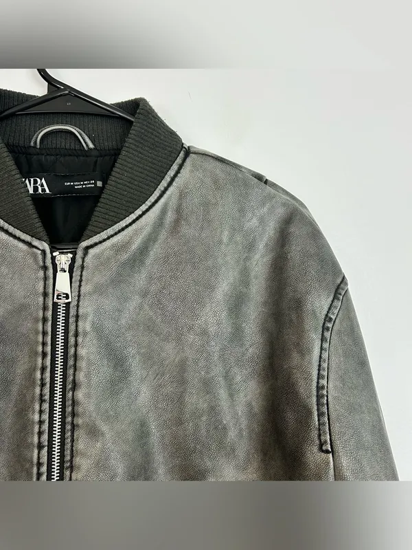 Zara Grey Zip Up Faux Leather Vegan Bomber Jacket Size Medium - Image 5