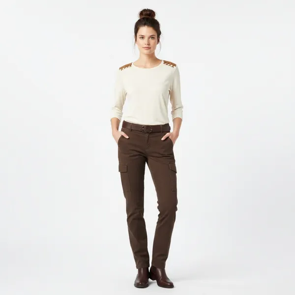 Ralph Lauren Cream & Brown Leather Shoulder Long Sleeve Ribbed Tee T Shirt Top M - Image 6