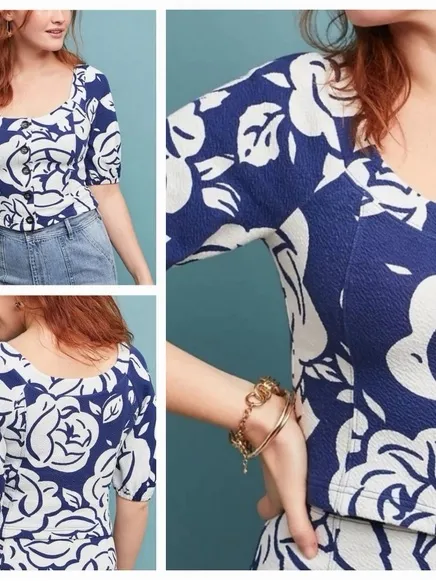 Anthropologie Mauve Amiens Floral White / Navy Puff Sleeve Top - Image 2