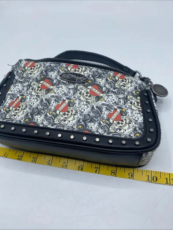 Ed Hardy Shoulder Bag Black Love Kills Slowly Studded Purse Grunge Goth Chains - Image 6