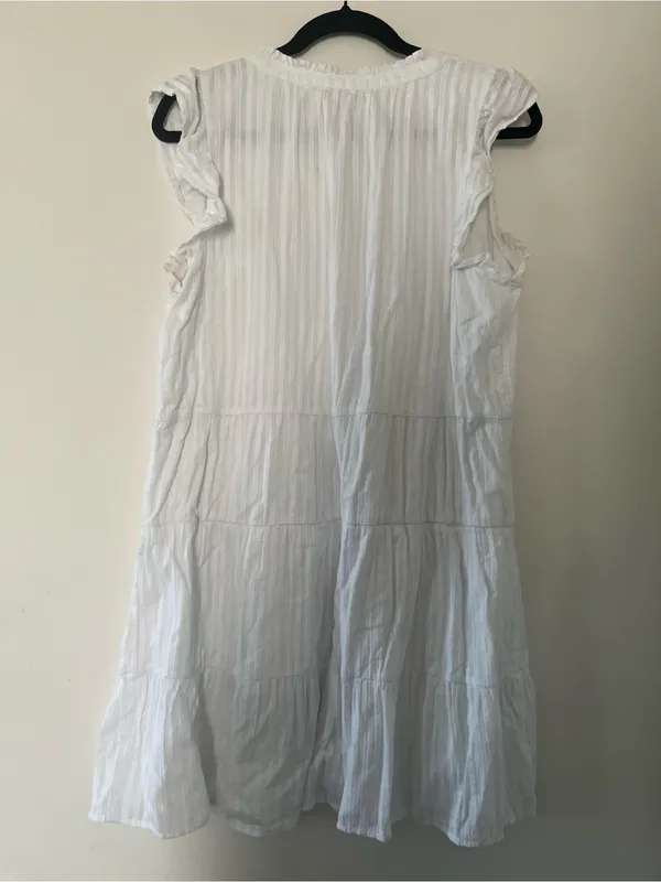 Loft White 100% Cotton Tiered Mini Dress Large Petite Ruffle Coastal Euro Summer - Image 7