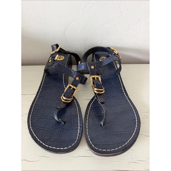 Tory Burch Leather Thong Sandals Women's 9.5 Navy Croc Embossed Gold Buckle - Image 2
