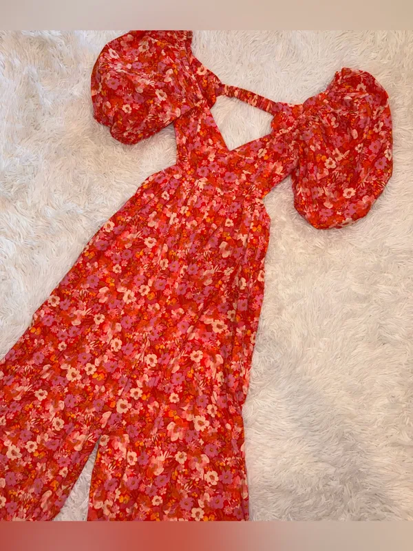 NEW FREE PEOPLE Amy Floral Cotton cutout Orange Jumpsuit sz M - Image 6