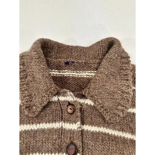 Hand Knit Brown Striped Wool Feel Cardigan Sweater Collared Cottagecore Medium - Image 5
