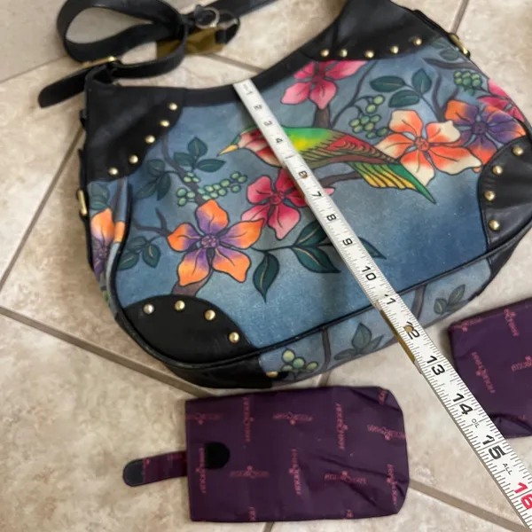 Anuschka Hand Painted Leather Hobo Bag Blue Tropical Bird Floral coin&cell case - Image 6