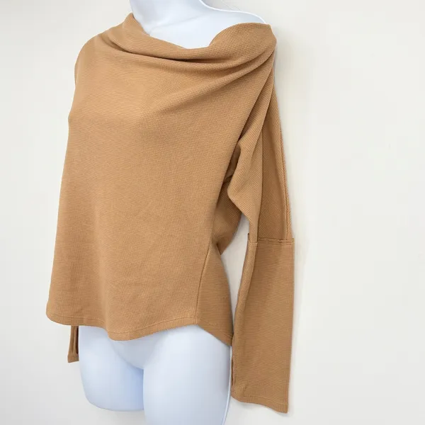 We The Free‎ Fuji Thermal Top Blouse Women LG Tan Waffle Knit Off Shoulder Boho - Image 5