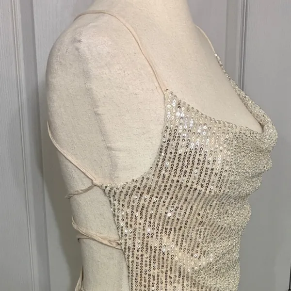 Hello Molly Champagne Gold Sequin Cowl Neck Lace‎ Up Back Mini Dress US 6 Viral - Image 12