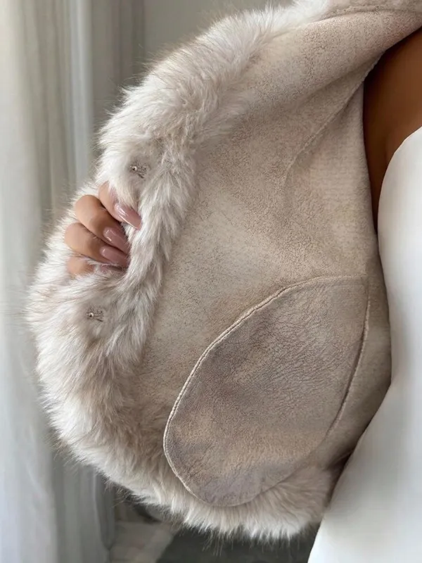 Lux Faux Fur Cropped Jacket in Light Taupe - Image 5