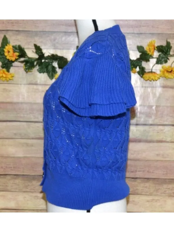 ANOTHER LOVE Size L Pointelle MIRA Flutter Sleeve Cardigan Sweater Cobalt Blue - Image 7