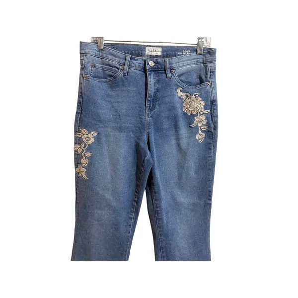 Nicole Miller Soho Bootcut Jeans Womens 8 Blue Excellent Floral Embroidered High - Image 13