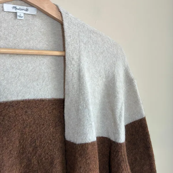 Madewell merino wool alpaca colorblock brown white pink navy cardigan women's L - Image 3