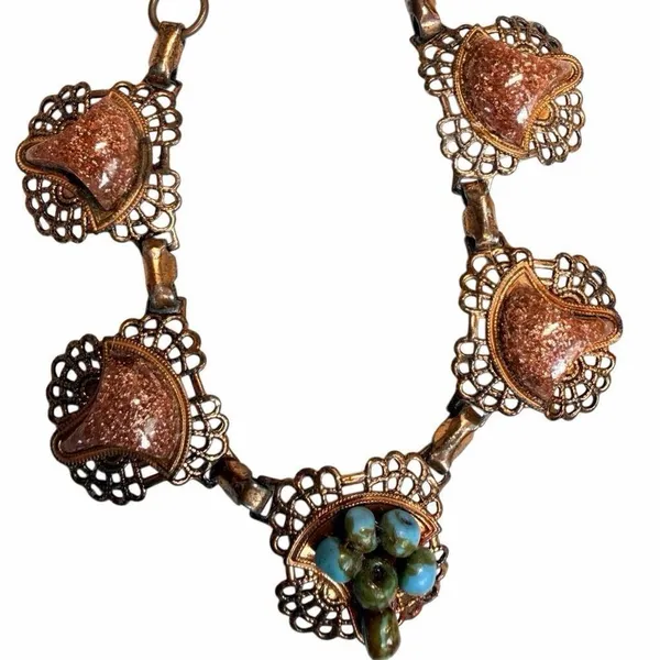 Vintage Copper Filigree Necklace w Goldstone & Turquoise tone Beads - Image 10