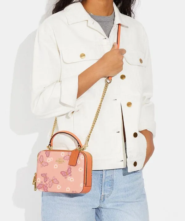 Coach Goldshell Pink Multi Box Crossbody Handbag With Butterflies - Image 3