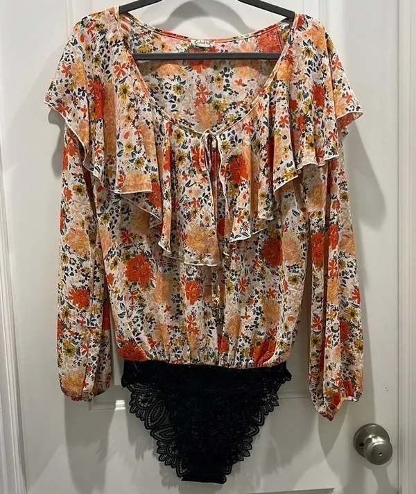 Free People Intimately Say It To Me Bodysuit Long Sleeve Orange Floral XS - Image 2