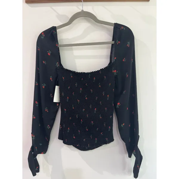 Reformation Pinto Black Long-Sleeve Rose Print Square-Neck Top Sz 10 - Image 8