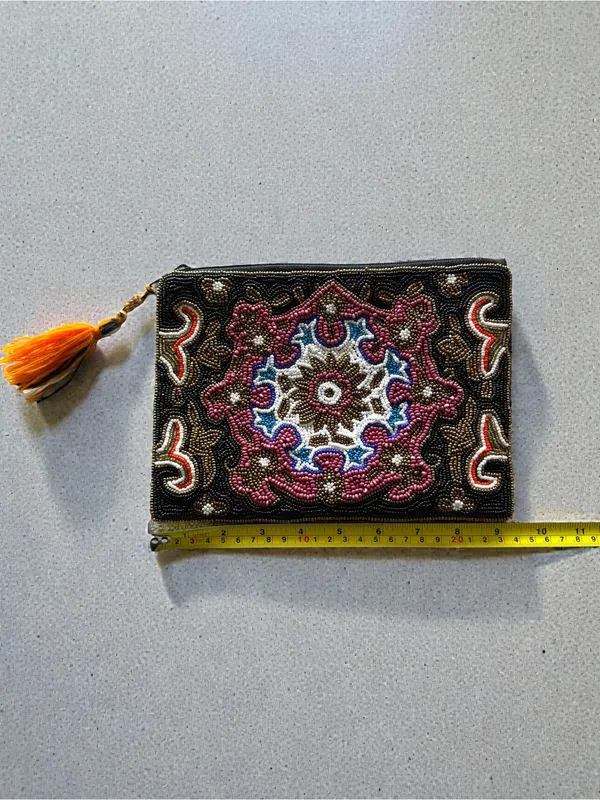 Black Beaded‎ Mosaic Wristlet Clutch with Tassel Accent - Image 3