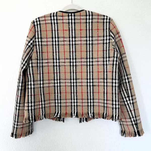 NWOT Burberry Beige Vintage Check Plaid Collarless Jacket Blazer in Tan Plaid - Image 6
