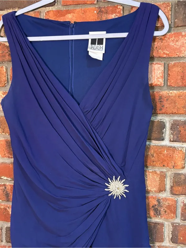 Tadashi Shoji womens tiered ruffled silk ruched broach cocktail dress blue 12 - Image 2