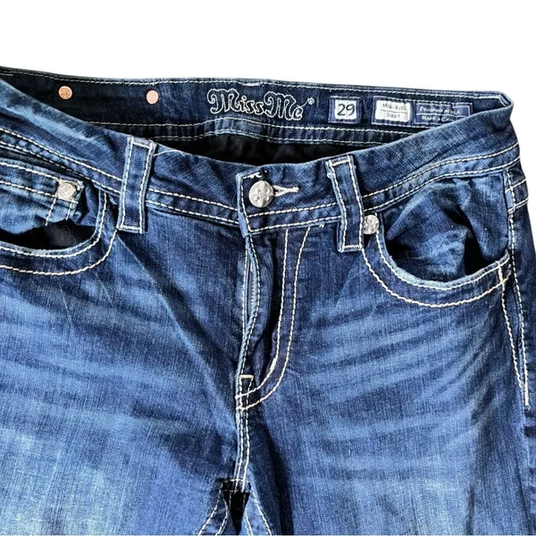 Miss Me Mid~Rise Boot Denim Jeans Sz 29X32.5 Stretch Bling Flap Pockets Distress - Image 3