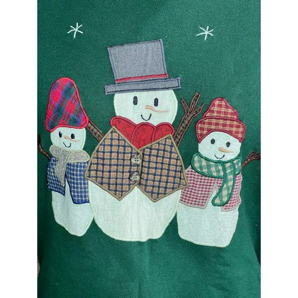 sweatshirt Vintage 1980s appliqué snowmen green red Christmas - Image 3