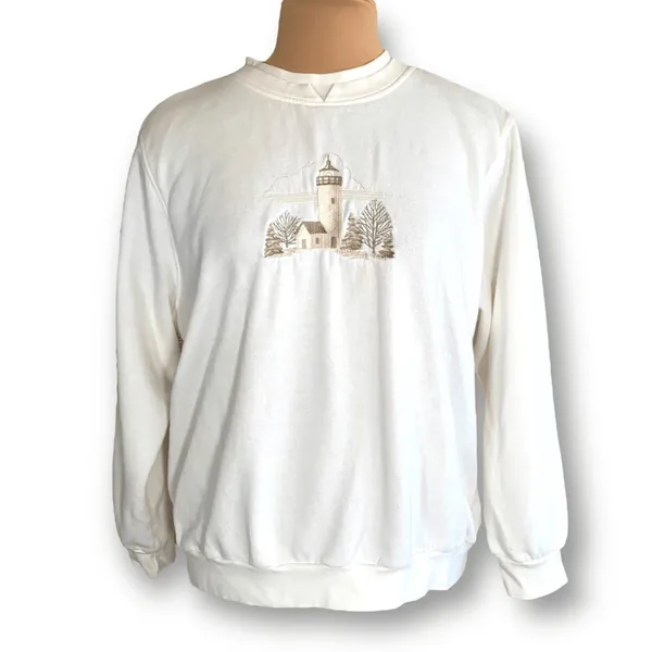 Vintage Cream Embroidered Lighthouse Sweatshirt Large Petite LP Cozy‎ Cottage - Image 2