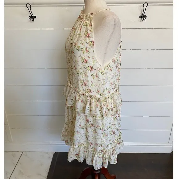 NSR‎ Floral Halter Ruffle Tiered Mini Dress Cream Pink XS CD9975 Made in USA - Image 10