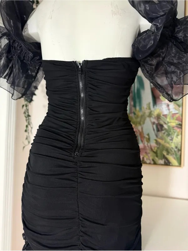 Black Ruched Bodycon Mini Dress Sweetheart Organza Ruffle Sleeves Size Small - Image 8
