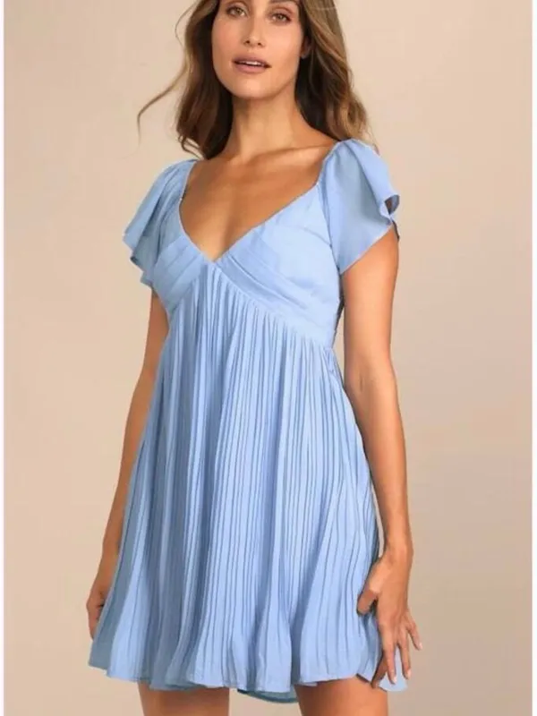 Lulu's Amalfi Coast Light Blue Pleated Flutter Sleeve Mini Dress - Image 3