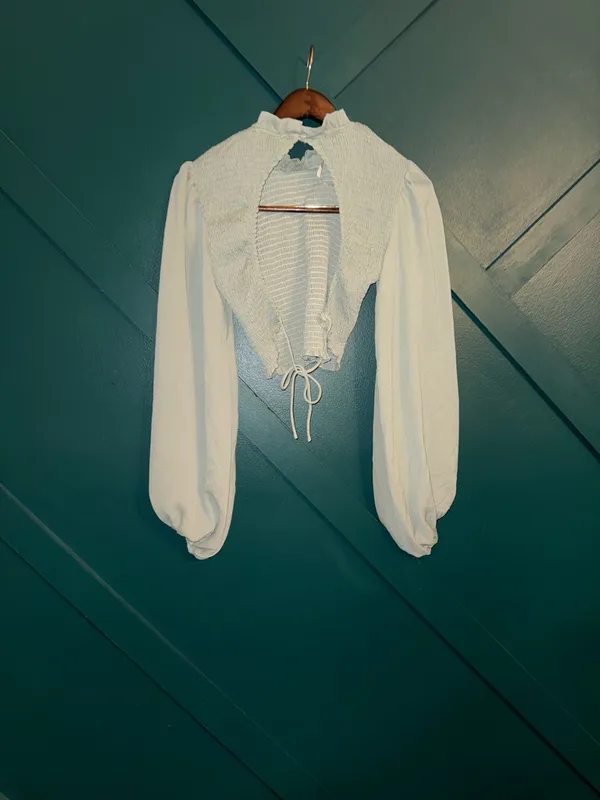 Petal & Pup White Smocked Ruffle-Neck Crop Top with Bishop Sleeves - Image 3