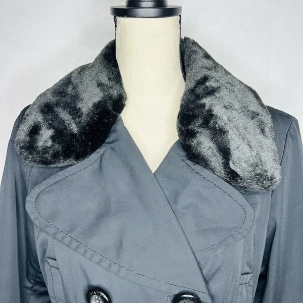 Jones New York Coat Size Large Black Faux Fur Removeable Collar Belted Trench - Image 5