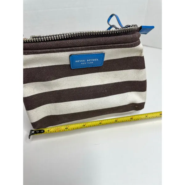 Henri Bendel Cosmetic Bag Brown White Stripe Blue Strap - Image 9
