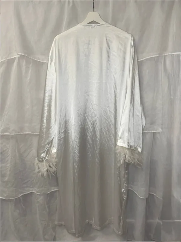 Night Satin Feather Trim Robe White Size 14 - Image 10