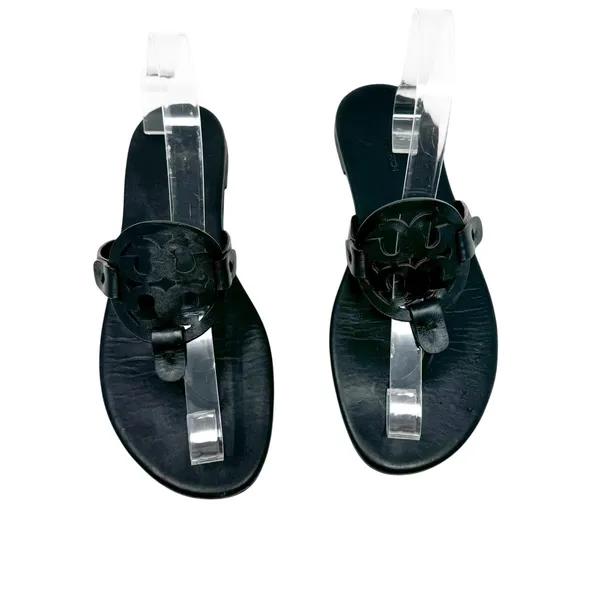Tory Burch Miller Black Matte Leather Logo Medallion Flat Sandals Size 8 - Image 2
