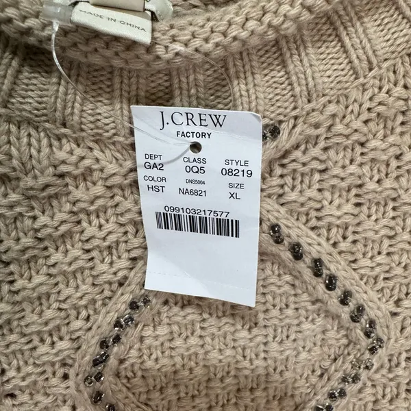 J. Crew NWT Chunky Cable Knit‎ Beaded Sweater Tan XL Merino Wool Blend - Image 7