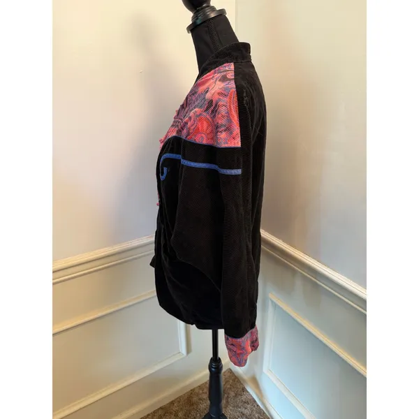 Vintage 80s/90s Black Corduroy Wearable Art Jacket Pink Paisley Frog Closures - Image 6