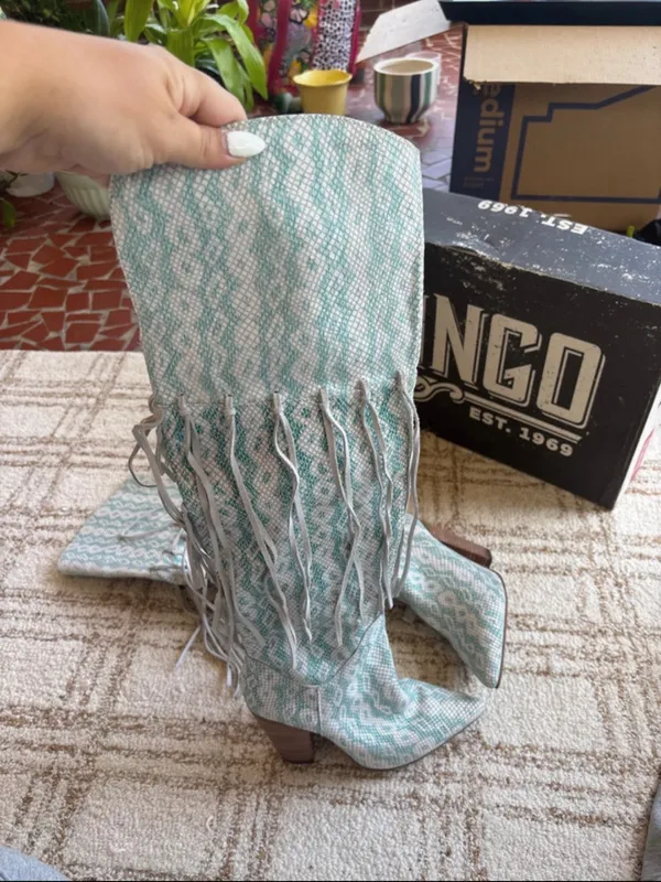 dingo Teal Snake-Print Fringe Over-the-Knee Boots - Image 2